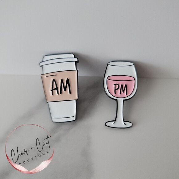 Jewelry - AM and PM Coffee and Wine Enamel Pins